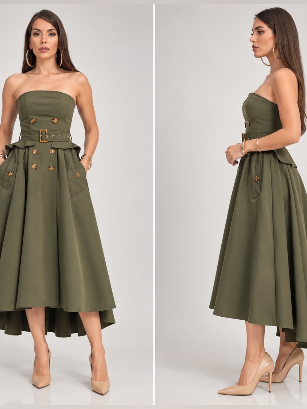 Strapless Olive Belted Midi Dress with Button Detail